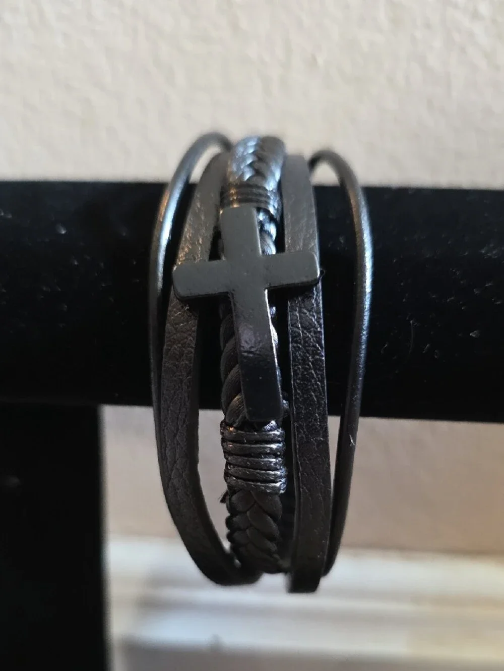 Black Multi-Strand Cross Leather Bracelet -  Men Accessories
